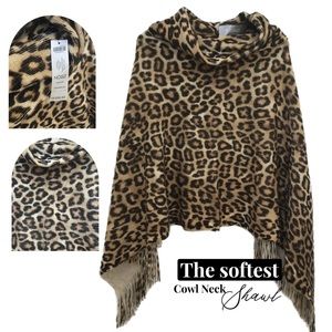 Cheetah/leopard cowl neck shawl with fringe